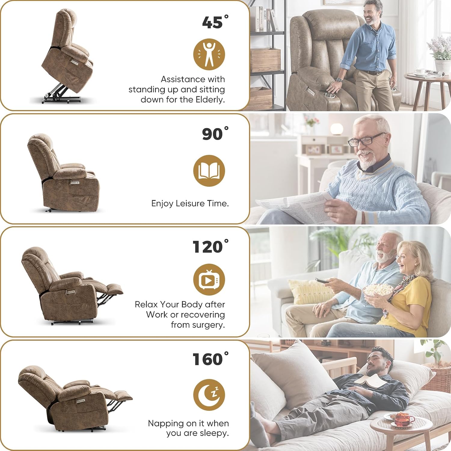 Oversized Power Lift Recliner Chair, Big and Tall, Light Brown | Lift Chairs with Massage and Heating, Breathable Faux Leather with Metal Cup Holders, USB A&C Ports