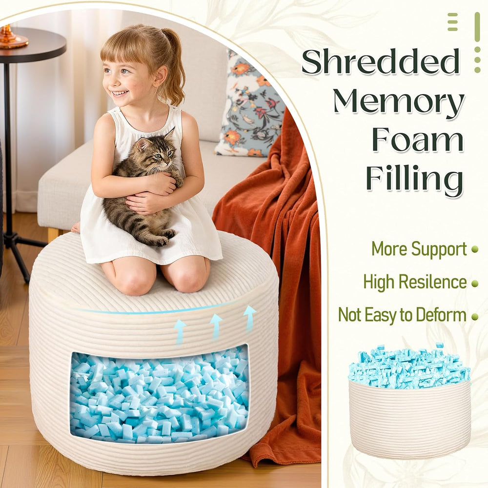 Round Corduroy Footstool Pouf for Couch | Soft plush shredded foam filled has...