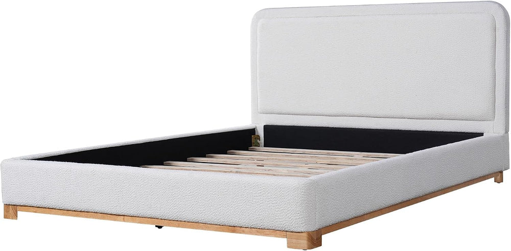 Peanu Queen Bed Frame, Boucle Upholstered Headboard, White Base