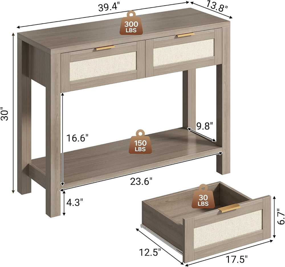 Boho Chic Console Table with 2 Rattan Drawers and Open Shelf Storage, Narrow ...