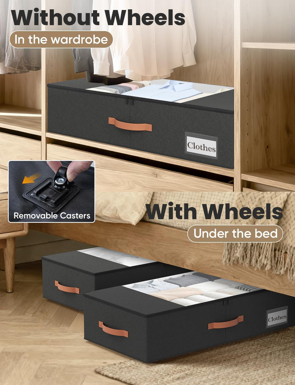 TOSKING 2-Pack Under Bed Storage Drawers with Wheels, 6 Vacuum Bags, 7.9" Height, Large 65L/80 lbs Clear Lid Rolling Bin, 900D Oxford, Space Saver for Dorm Bedroom, Blankets, Clothes, Shoes, Black