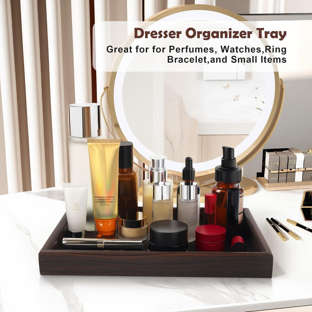 Wooden Valet Tray with Leather Base - Nightstand Catchall Organizer for Cologne, Perfume, Keys, Wallet, Phone, Watch, Jewelry & Sunglasses (Black)