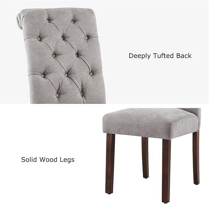 Tufted Dining Chairs Set of 2, Upholstered Parsons Dining Room Chairs, Fabric Kitchen Side Chair with Wood Legs, Light Grey