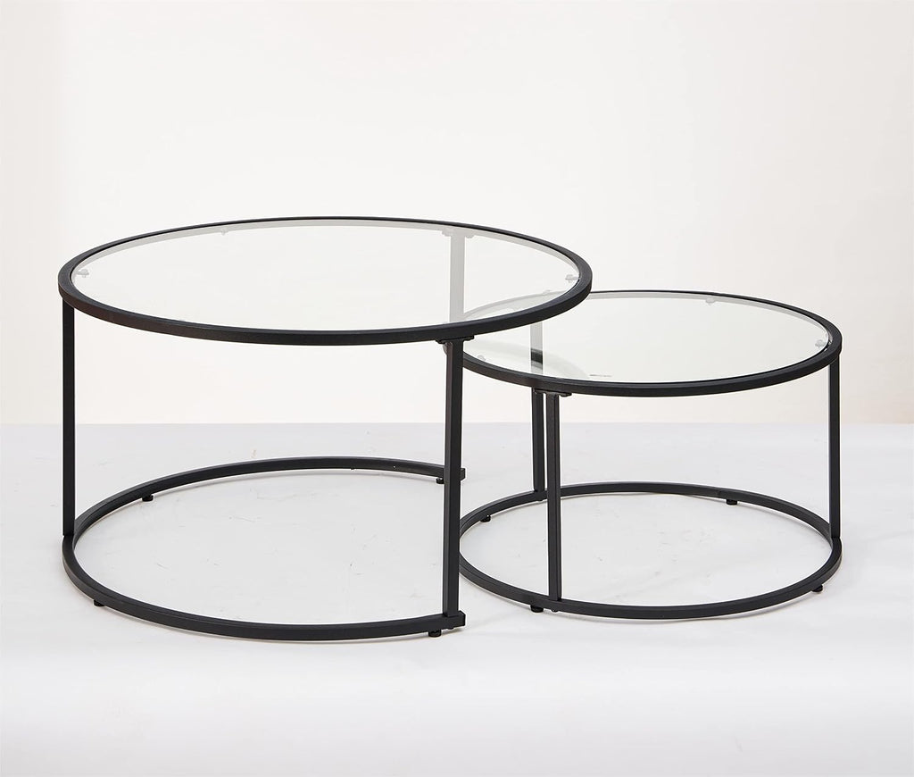 Modern Nesting Glass Coffee Table Set of 2, Round Tempered Glass Coffee Table for Living Room & Bedroom, Space-Saving Design with Adjustable Feet (Large Size + Black Frame)