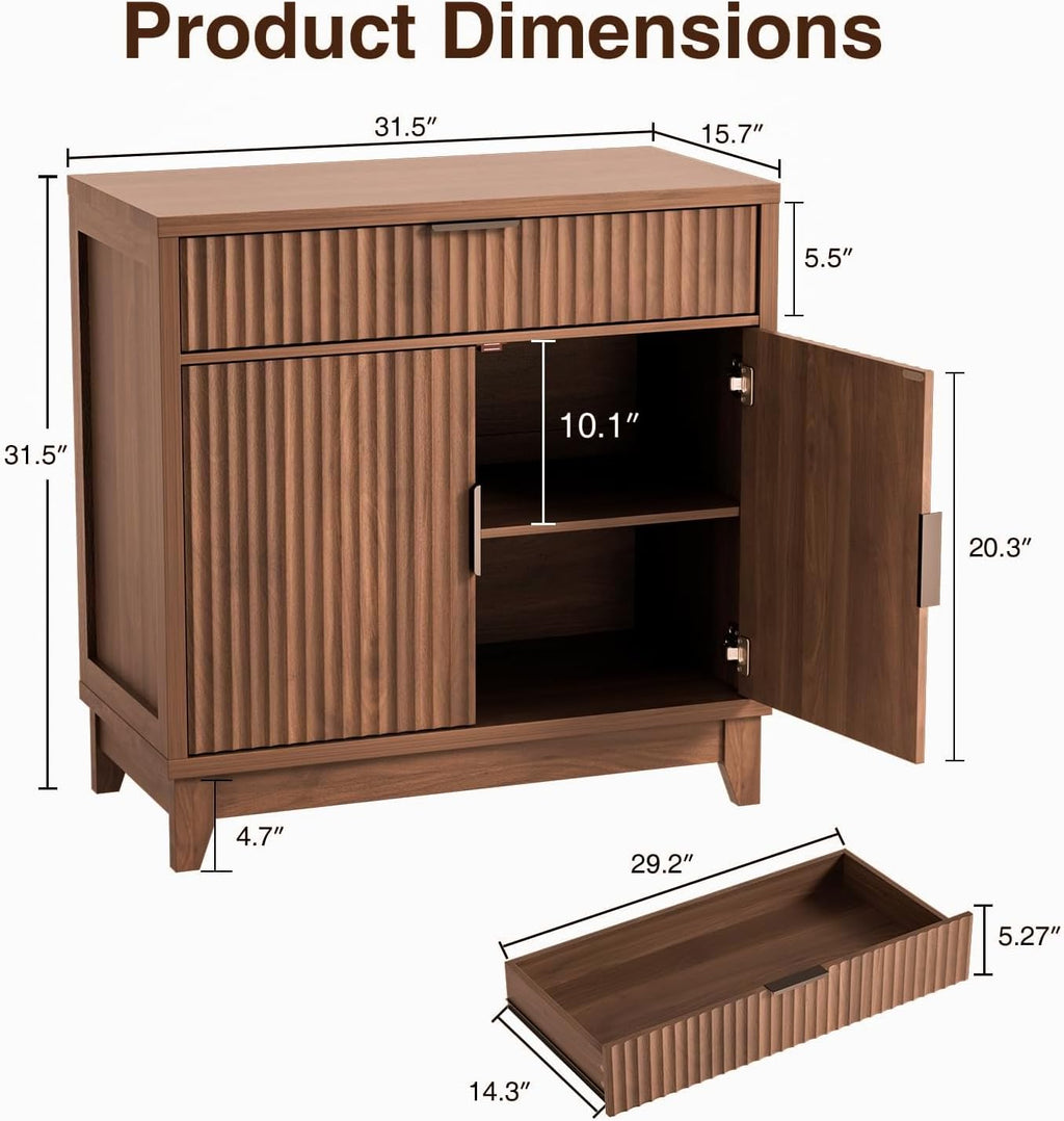 Vabches 32" Fluted Sideboard Buffet Cabinet with Storage, Walnut | Modern Coffee Bar Console Table with Drawer, Fluted Doors & Adjustable Shelf, for Entryway, Living Room, Kitchen, Dining Room