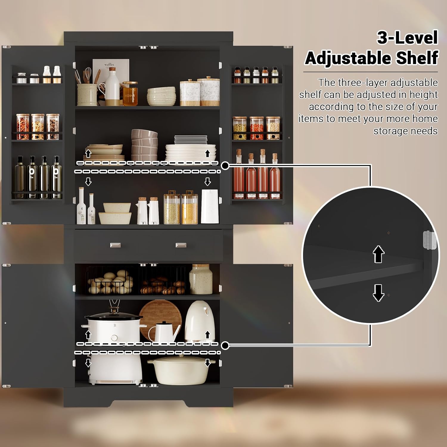 TrailBlaze 72'' Tall Kitchen Pantry Cabinet with Doors & Drawers, Freestanding Narrow Pantry Storage with Adjustable Shelves, Storage Cabinet for Dining Room Living Room Kitchen