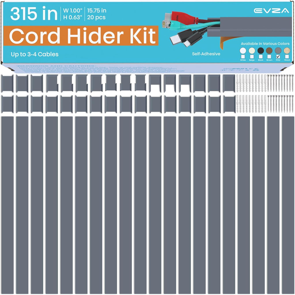 Grey Cable Concealer Wall Kit - 315in Cable Raceway for Extension Cord, Cord Cover Kit for Wall Mounted TV, Gray Wire Management, Decorative Electrical Cable Concealer, Cable Channel, Wire Molding