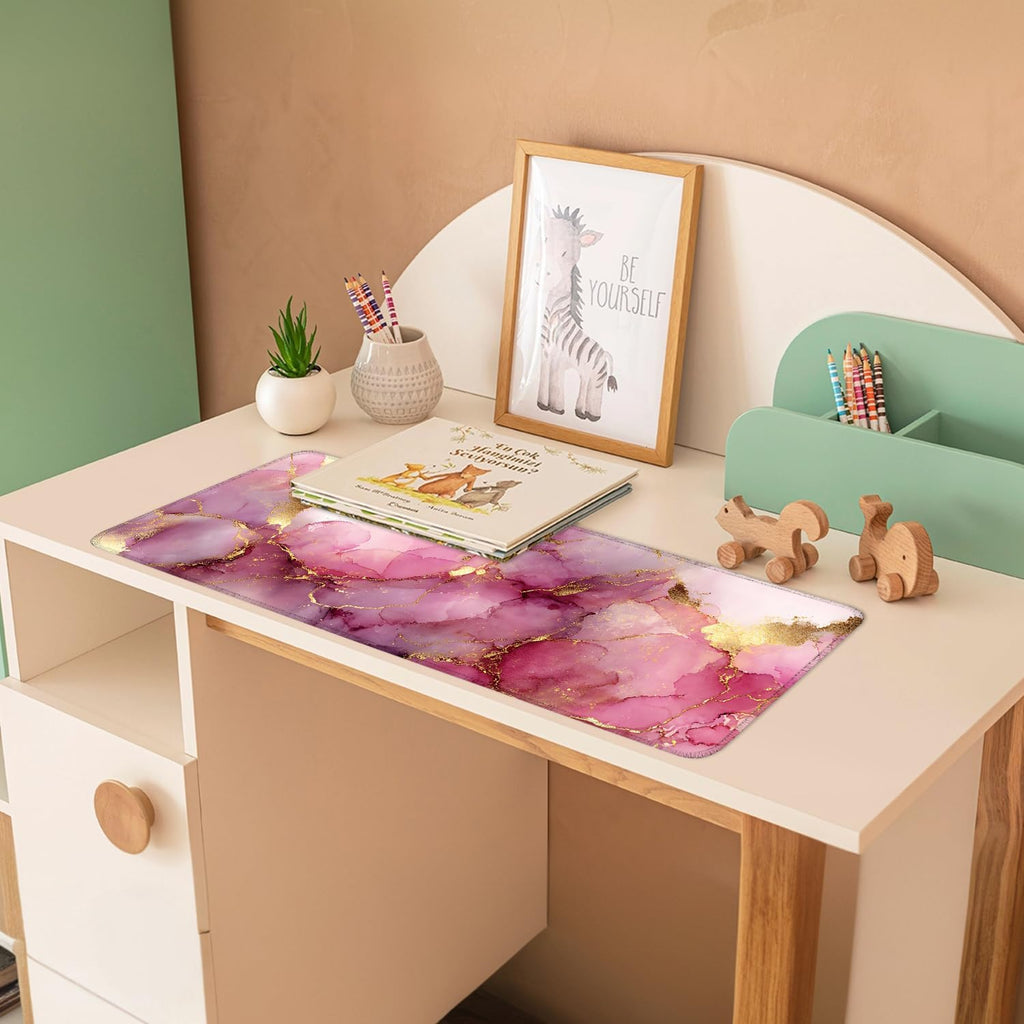 Pink Marble Ink Mouse Pad – Large Extended Desk Mat 31.5 x 11.8 in– Elegant Watercolor Gold Foil Design, Waterproof Surface, Non-Slip Rubber Base, Keyboard & Mouse Pad for Office or Gaming