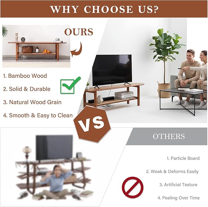 Tiita Bamboo TV Stand with Storage for TV up to 65 inch, Bamboo Rattan TV Con...