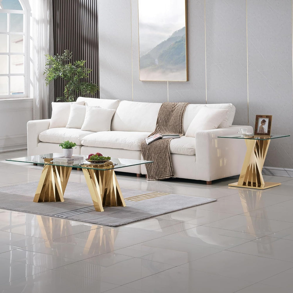 3 Piece Gold Living Room Table Set, Rectangular Modern Glass Coffee Table, Co...