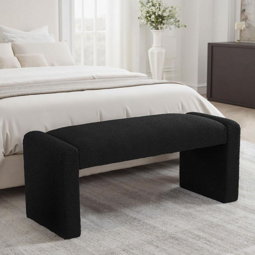 Black Entryway Bench with Solid Wood Frame, 47" Boucle Upholstered Bench | End of Bed Bench with Cushion Seat Ottoman Padded Benches for Bedroom, Living Room, Window, Hallway, Foyer, Reading