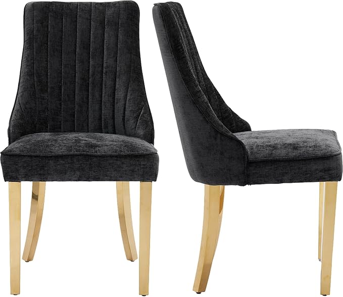 Black Mid Century Dining Chairs Set of 2, Modern Kitchen & Dining Room Chairs Set of 2, Chenille Fabric Upholstered Kitchen Chairs, Sillas de Comedor, Gold Legs (Black, 2 Pcs)