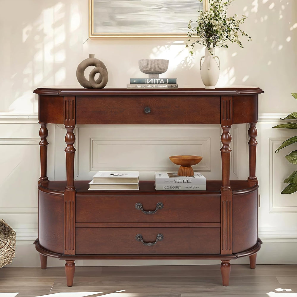 Solid Wood Retro Curved Console Table, 43" Half Moon Console Table Sofa ...