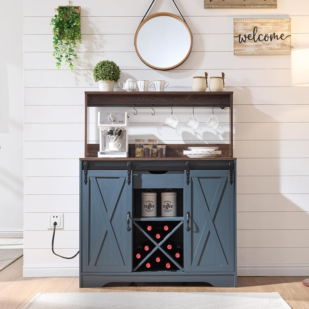 Wnutrees Farmhouse Coffee Bar Cabinet with Charging Station and USB Ports,Sli...