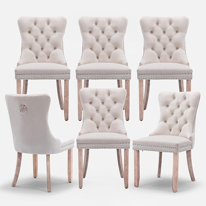 Velvet Upholstered Dining Chairs Set of 6, Modern Style Kitchen Side Chairs with Nailhead Trim and Wood Legs,Metal Pulling Ring for Dining Room Living Room(Beige,Set of 6)
