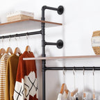 Industrial Pipe Clothing Rack with 2 Shelves, Clothes Rack Wall Mounted Heavy Duty Clothing Store Display Stands Garment Rack Closet System(Black, 96.5x80.7inch)