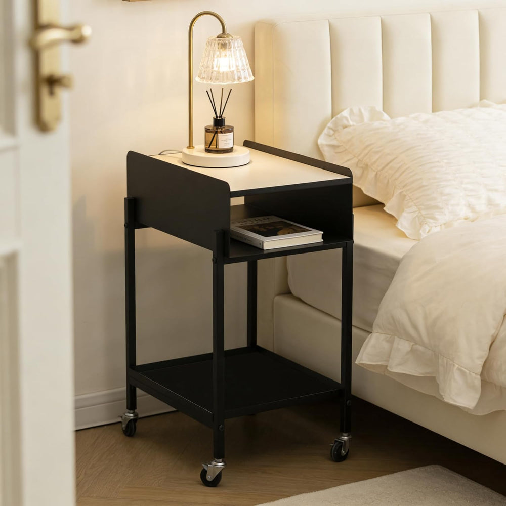 Bedside Table with Wheels Rolling Nightstand 3-Tier Sofa Side Table Modern En...