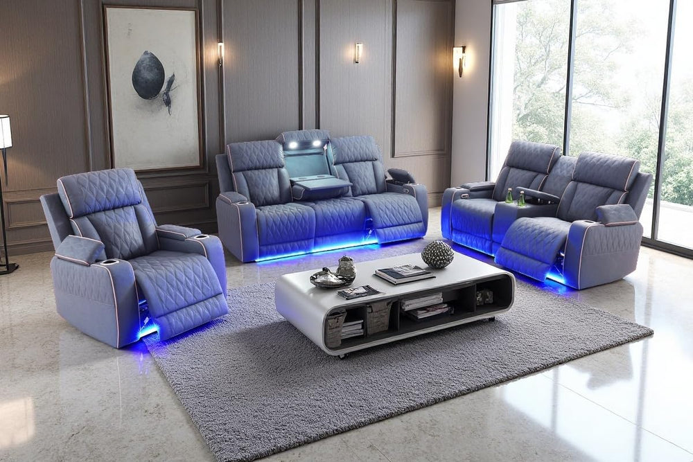 A Ainehome Sanded Leather Power Recliner Sofa Set with LED, 3 Pieces Living R...