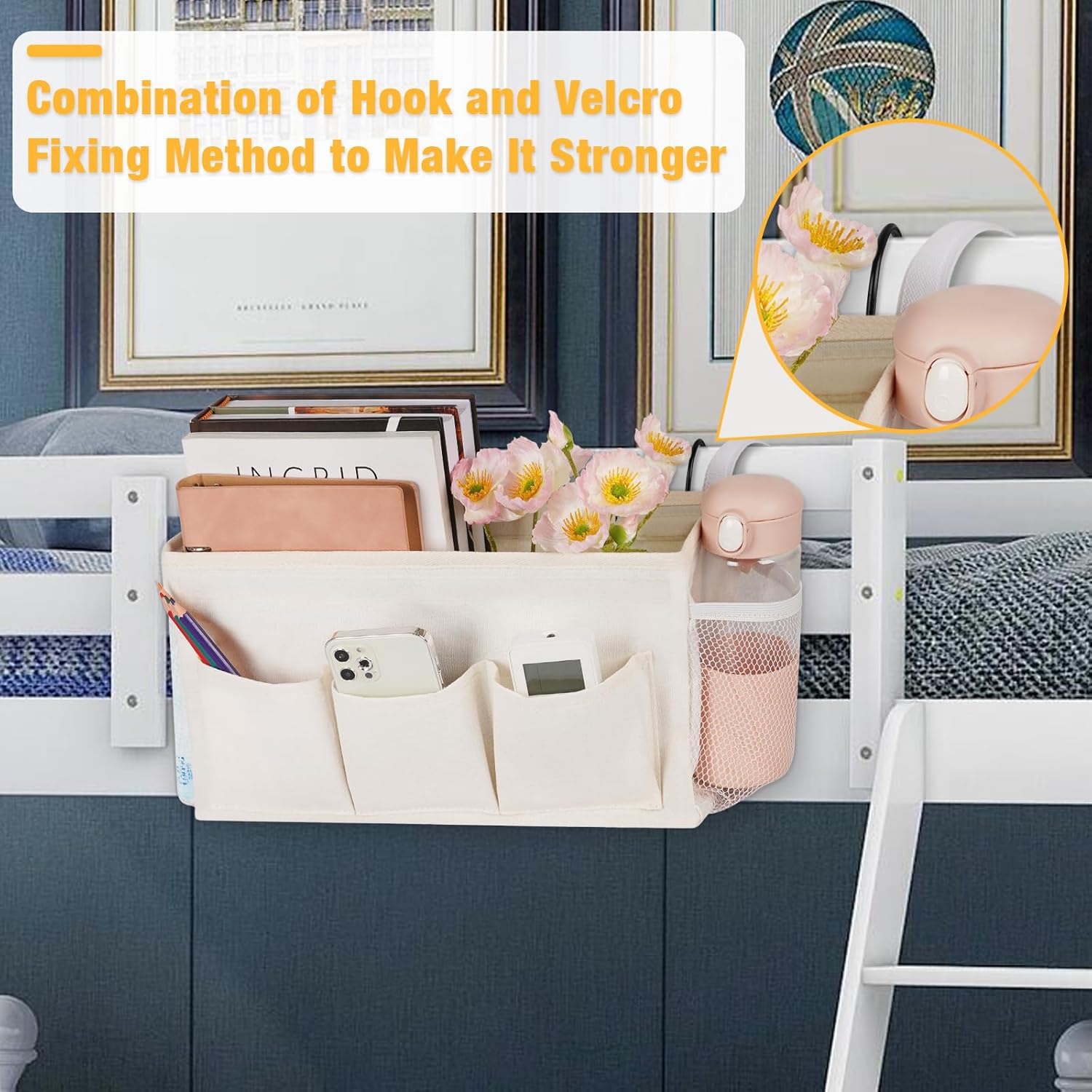 Bedside Caddy Storage Organizer with Fixed Straps and Water Bottle Holder for Home, College, Dorm, Bunk/Hospital/Crib Bed Rails, White