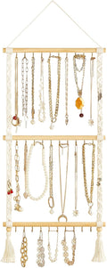 Dahey Hanging Jewelry Organizer Macrame Necklace Holder with 30 Hooks Wall Mounted Jewelry Hanger Over Door Necklace Rack with Tassel for Necklace Bracelet Earring Headband Bow Organizer