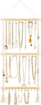 Dahey Hanging Jewelry Organizer Macrame Necklace Holder with 30 Hooks Wall Mounted Jewelry Hanger Over Door Necklace Rack with Tassel for Necklace Bracelet Earring Headband Bow Organizer
