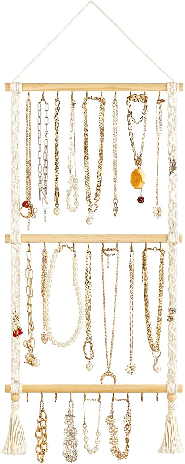 Dahey Hanging Jewelry Organizer Macrame Necklace Holder with 30 Hooks Wall Mounted Jewelry Hanger Over Door Necklace Rack with Tassel for Necklace Bracelet Earring Headband Bow Organizer