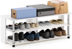 Furinno Turn-N-Tube Shoe Rack, 3-Tier Shoe Organizer, Compact Shoe Storage with Open Shelves and Stainless Steel Tubes, 15.5 x 41.1 x 15.8, for Closet Entryway, Office, Garage, White Oak