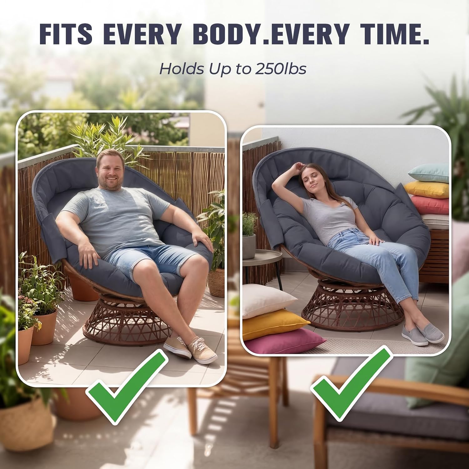 GTPLAYER Outdoor Wicker Egg Chair PE Rattan Chair with Cushion, Oversized Patio Lounge Chair with Canopy Papasan Chair 360° Swivel Base for Outdoor, Indoor, Balcony, Backyard, Garden, Gray