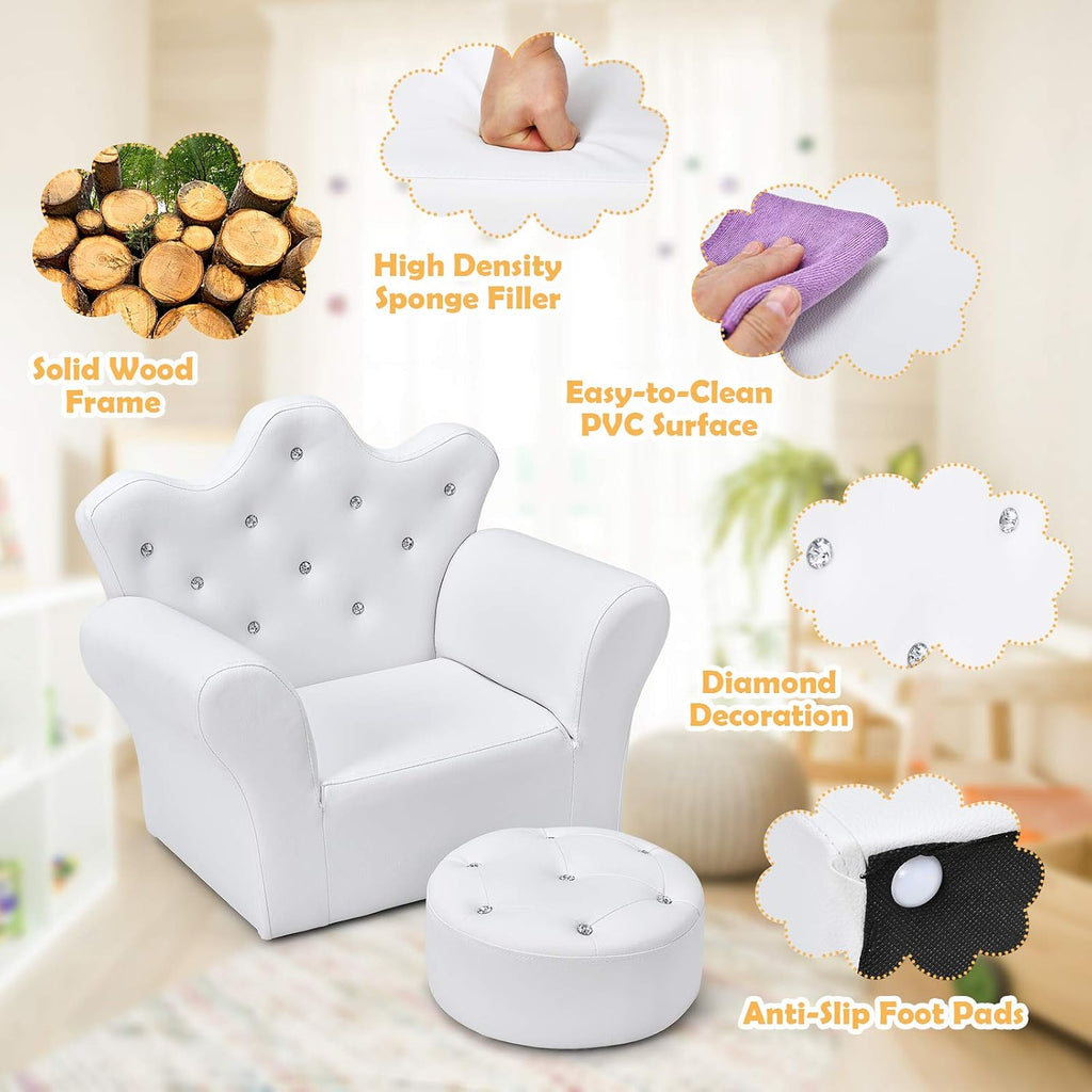 GLACER Kids Sofa with Ottoman, Kids White Couch with Embedded Crystal & PVC Leather, Upholstered Child’s Crown-Back Armchair, Baby Sofa Chair Seat Furniture, Princess Chair for Toddler Girls(White)