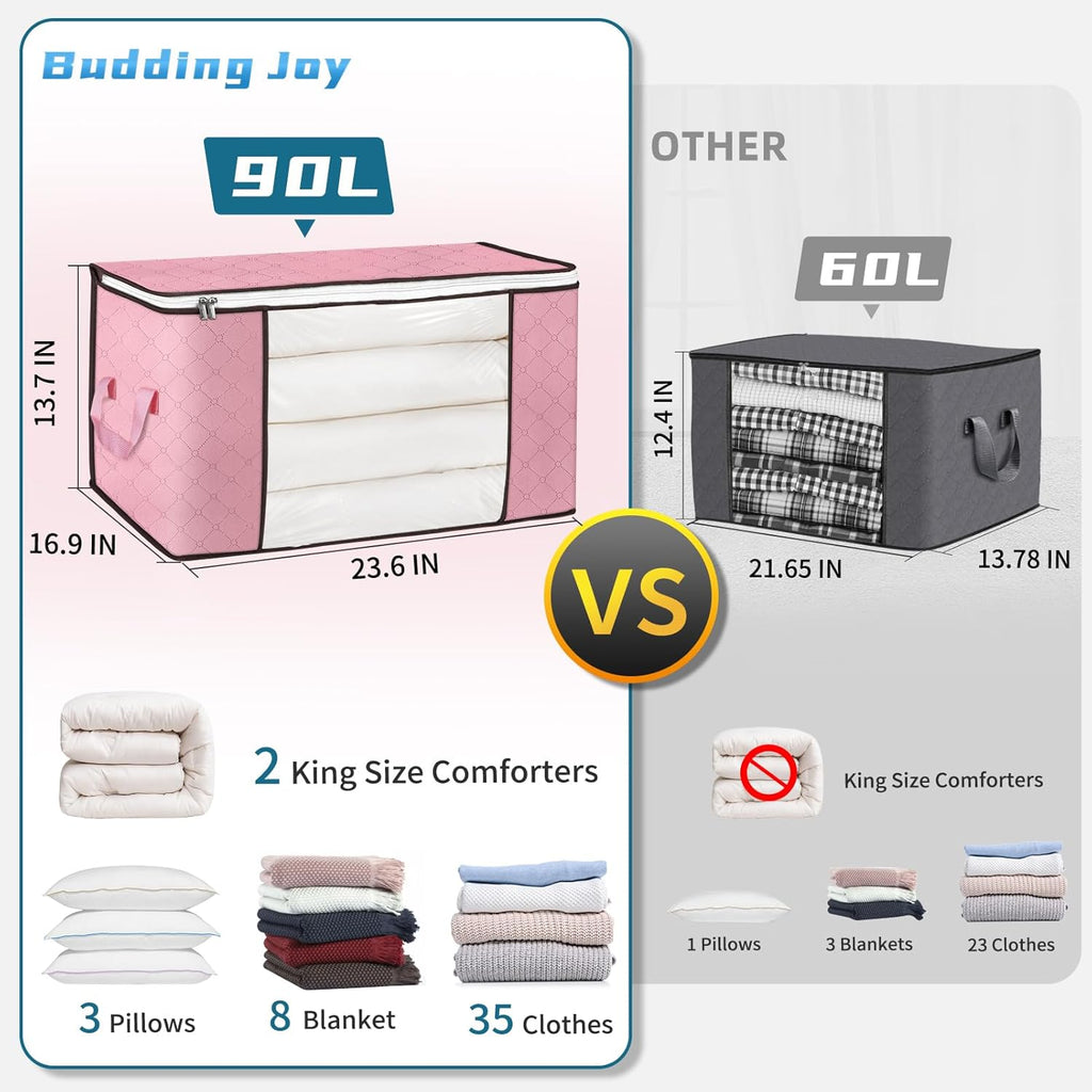 Budding Joy 90L Large Storage Bags, 4 Pack Clothes Storage Bins Foldable Closet Organizer Storage Containers Storage and Organization for Clothes, Blanket, Pillows and Toys (Pink)