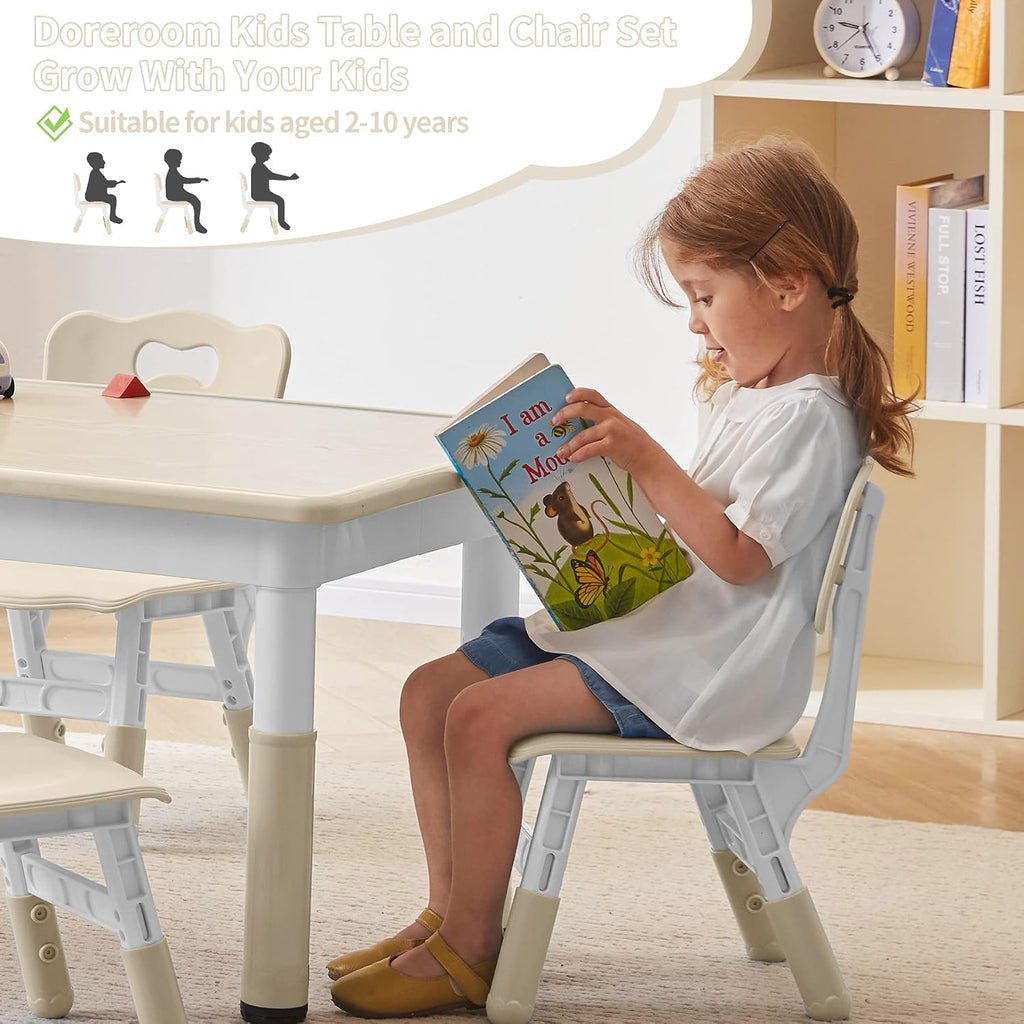 DOREROOM Adjustable Kids Table & 4 Chairs Set, 47.2" L x 23.6" W, Natural-W | Graffiti Desktop,Table Supports 300 lbs,Toddler Ages 2-8，FSC-certified, Children Activity Table for Daycare, Classroom, Home