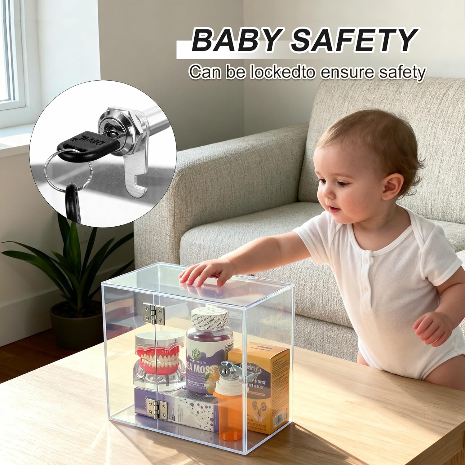 Acrylic Transparent Medicine Box，Medication Lock Box, Clear Medicine Storage Organizer & First Aid Box, for Home & Travel(Clear)