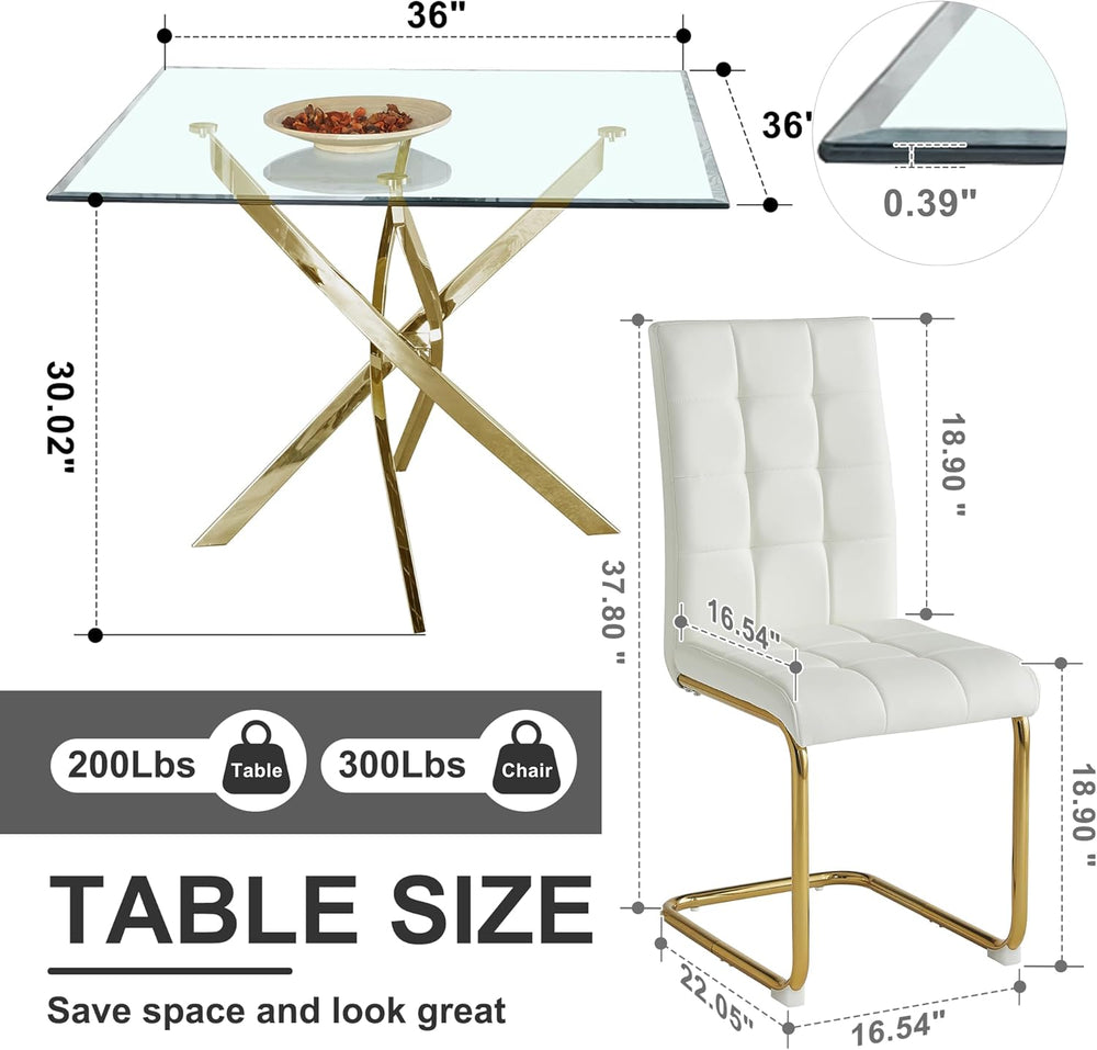AF ARTISAN FURNITURE 5 Piece Square Glass Dining Table Set, Gold Glass Kitche...