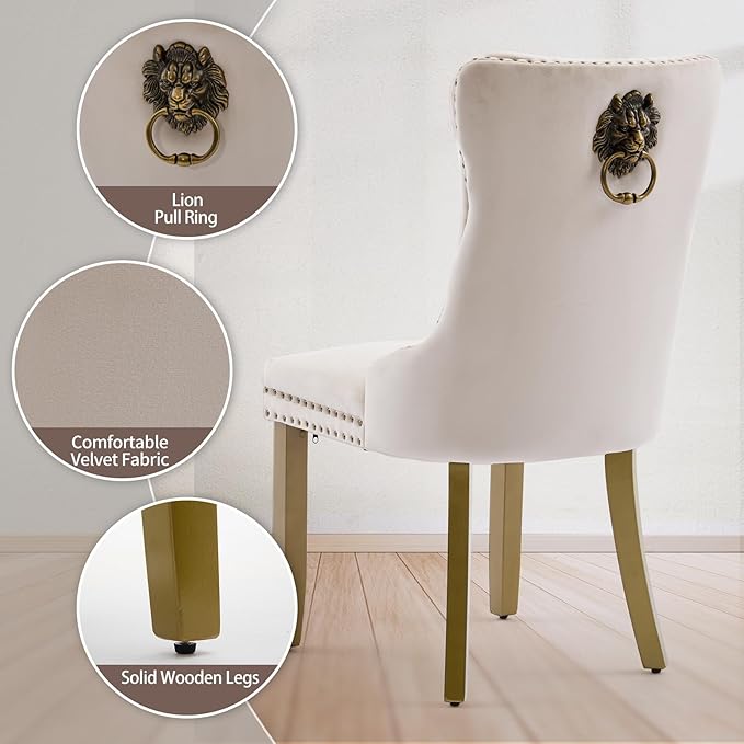 Beige Velvet Dining Chairs Set of 4, Upholstered with Lion Head Pulls and Golden Solid Wood Legs, Modern Button Tufted Kitchen Chairs for Dining Room