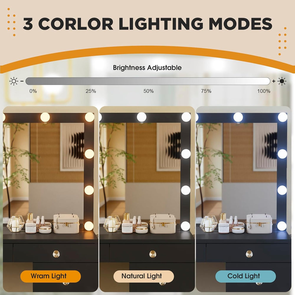 Likein Vanity Desk with Mirror and Lights, Black Vanity with Hidden Jewelry S...