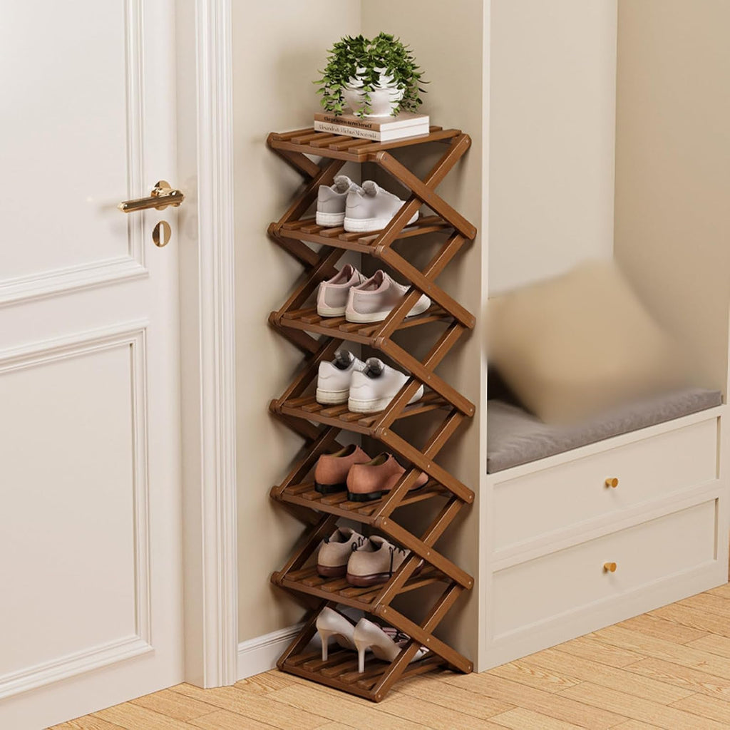 Bambooshoe Storage Rack, The 2-10-tier No-Assembly Bambooshoe, Natural or Tea Color, 2026 Upgraded Foldable 9 Bambo-o Corner Shoe Space Saving for Entryway Dorm
