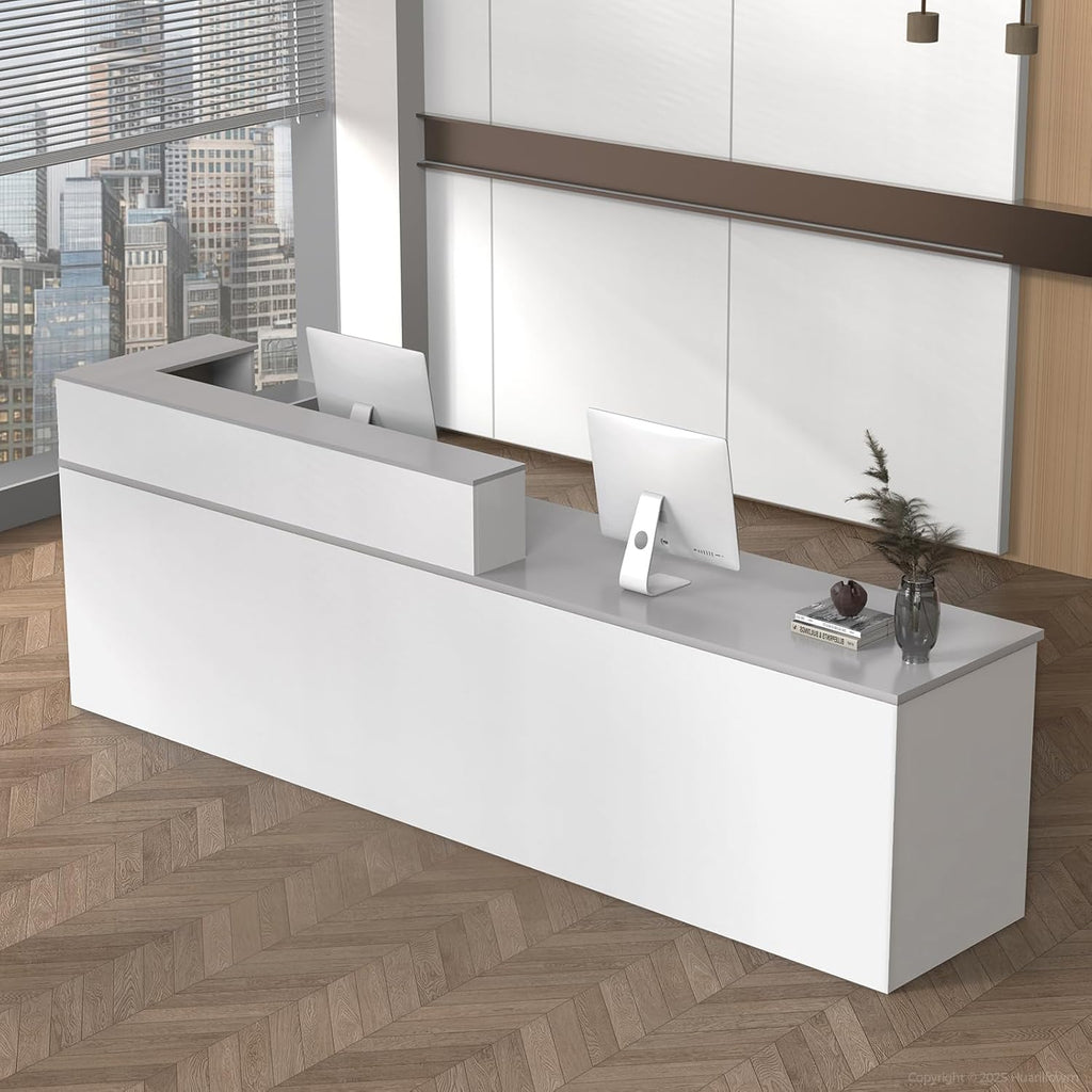 L Shape Reception Desk with Counter, Lockable Drawer, Keyboard Tray, and Double-Layer Storage for Salon, Office, or Clinic (White+Gray/Right, 71" L*24" W*39" H)