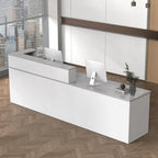L Shape Reception Desk with Counter, Lockable Drawer, Keyboard Tray, and Double-Layer Storage for Salon, Office, or Clinic (White+Gray/Right, 71" L*24" W*39" H)
