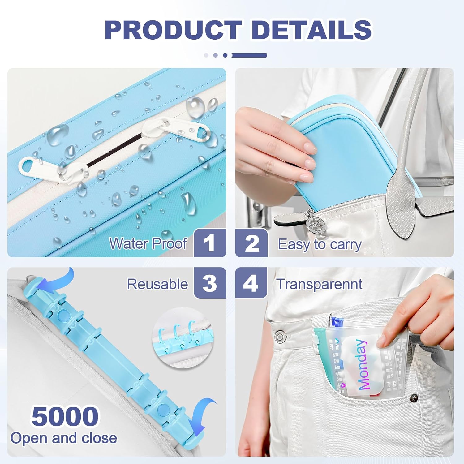 Weekly Pill Organizer 2 Times a Day - Timueetech A6 Waterproof 14 Pill Pouch Bags for Travel, BPA-Free Medicine Storage with Labels & Self-Sealing Design for Vitamins and Supplements, Blue