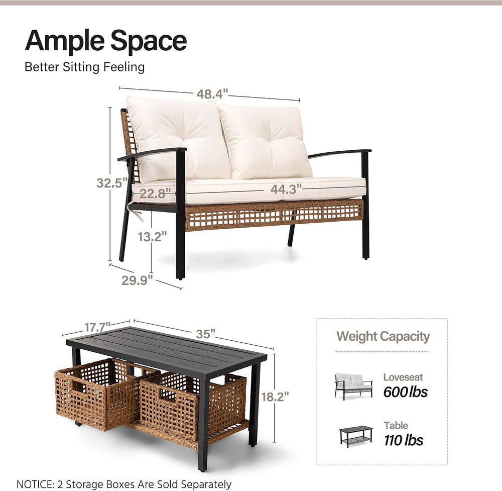 Outdoor Patio Loveseat with Coffee Table Set of 2, 2 Pieces Comfortable Overs...