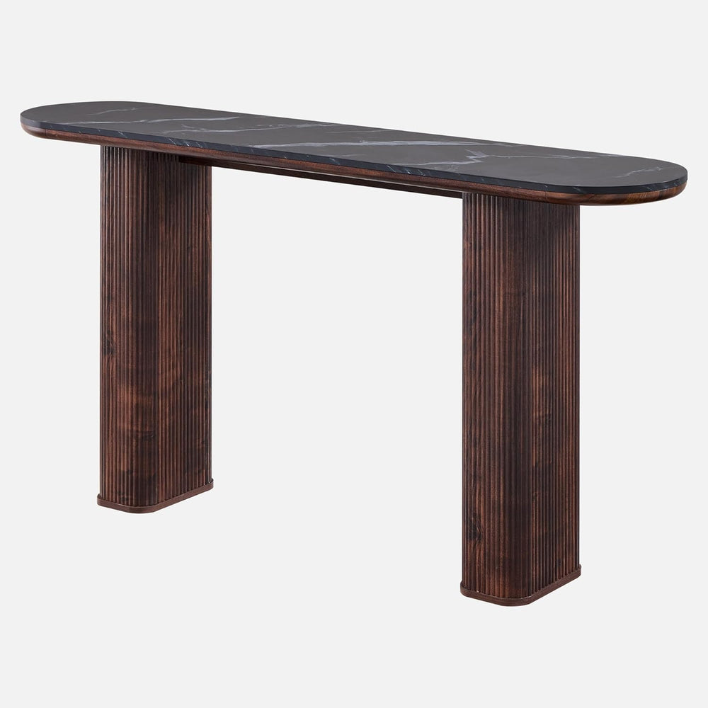 OKD 63 Inch Modern Console Table with Arc Faux Marble Texture Top, Fluted Woo...