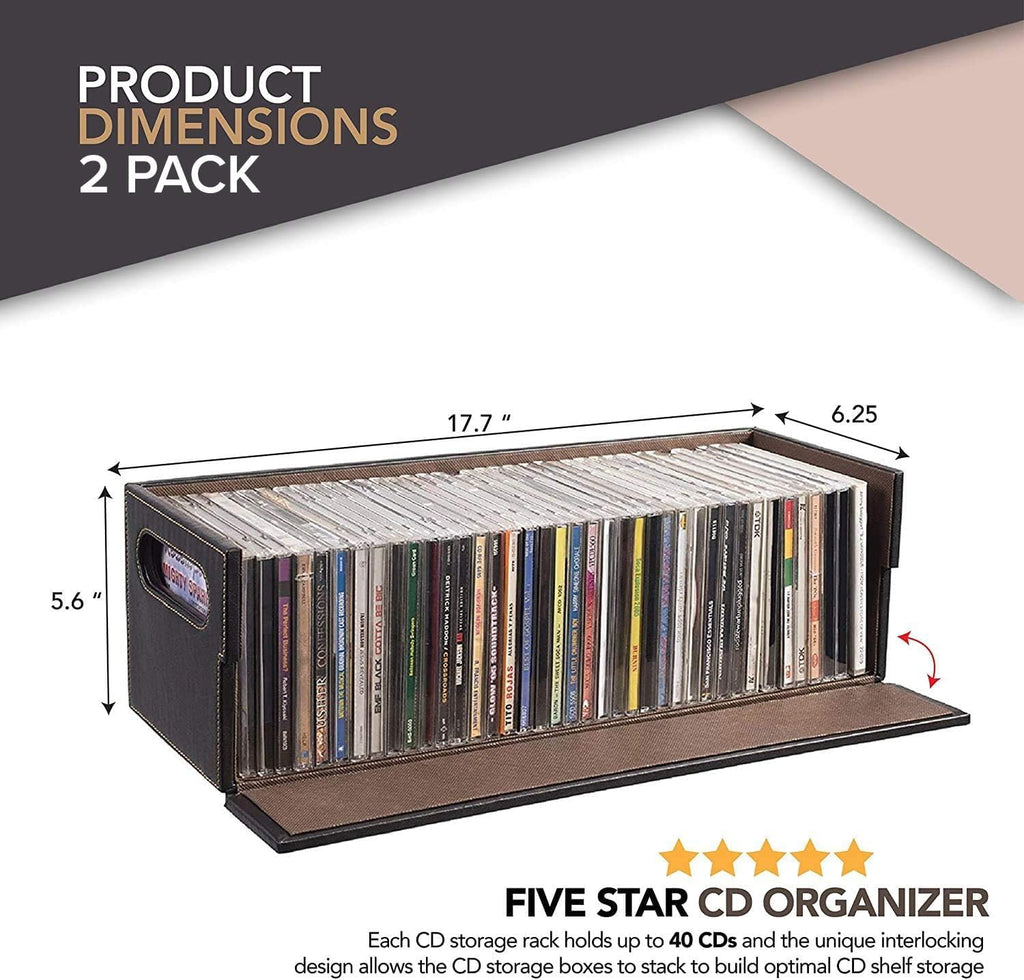 Stock Your Home 2- Pack CD Storage Box, Organizer Shelf for Movie Cases, DVDs, Cassette Tape Display Stand, Disc Holder Can Store Up to 40 CDs, Faux Leather (Brown)
