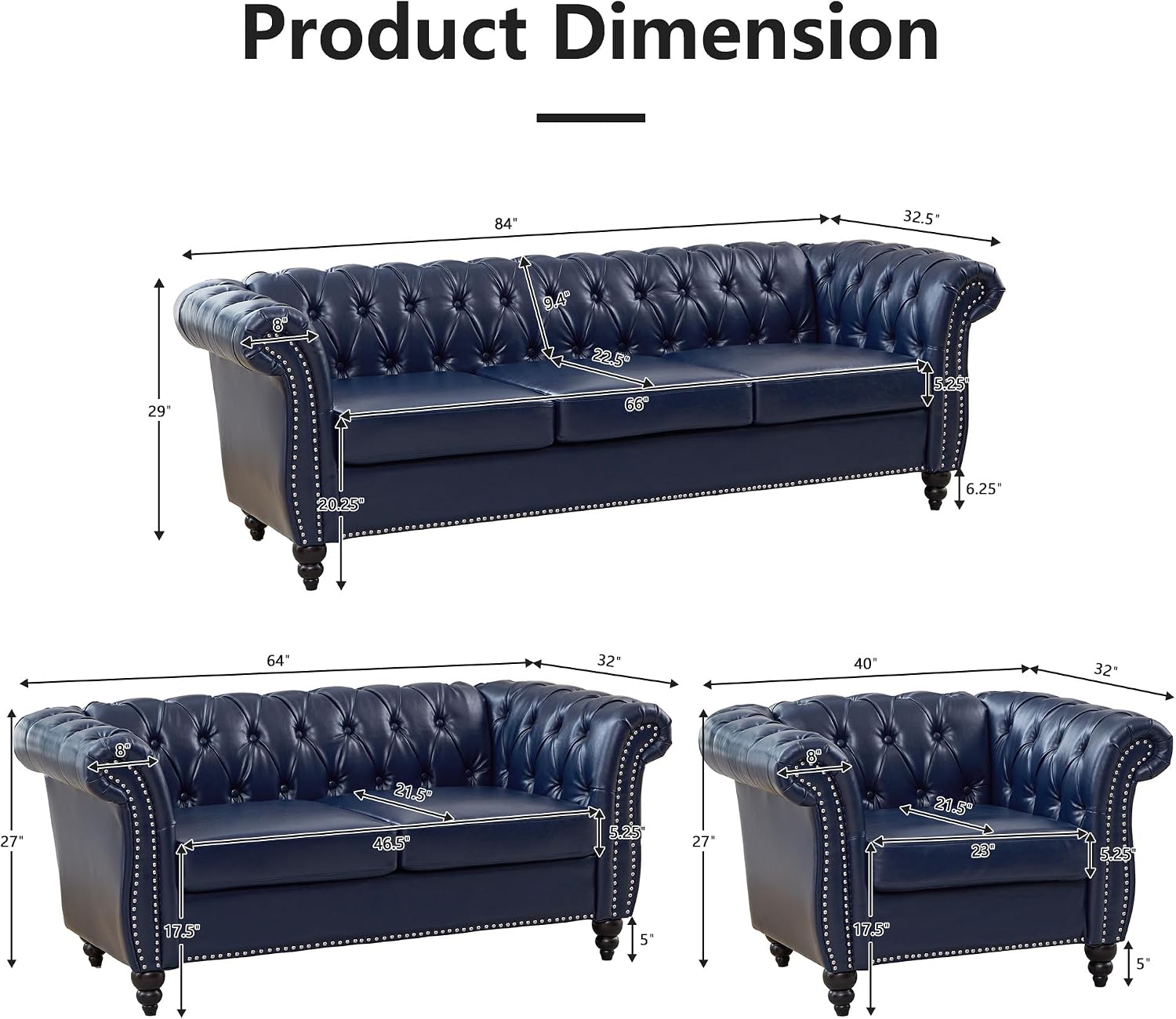 QHITTY 2 Piece Living Room Set, Chesterfield Sectional Sofa Chair Contemporary Upholstered Leather Loveseat Couch Sets for Living Room, Bedroom, Office (Blue)