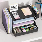gianotter Wood Desk Organizers and Accessories with File Holder, 4-Tier Desk Accessories & Workspace Organizers with Drawer and Pen Holder, Paper Organizer for Office Supplies (Black)