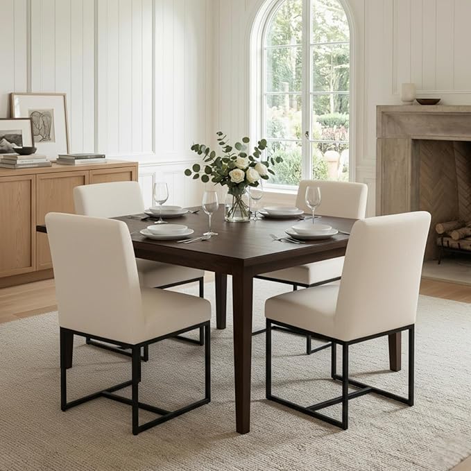 CIMOTA Modern Linen Dining Chair Set of 4, Mid Century Dining Room Chairs Fabric Upholstered Armless Side Chair with Black Sled Base for Dining Room, White Cream 4PCS