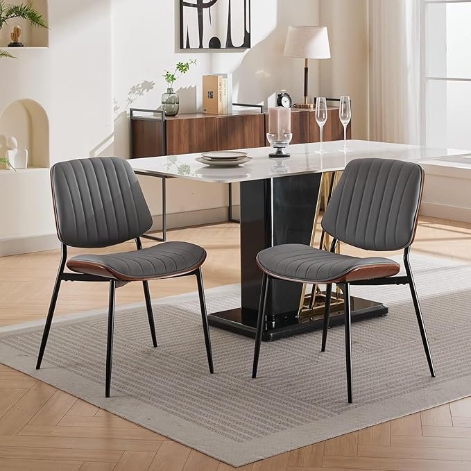 Dining Chairs Set of 4, Mid-Century Modern Upholstered PU Leather Chairs with Walnut Bentwood Back and Metal Legs Adjustable Feet for Kitchen Dining Room, Gray Vertical Stripes