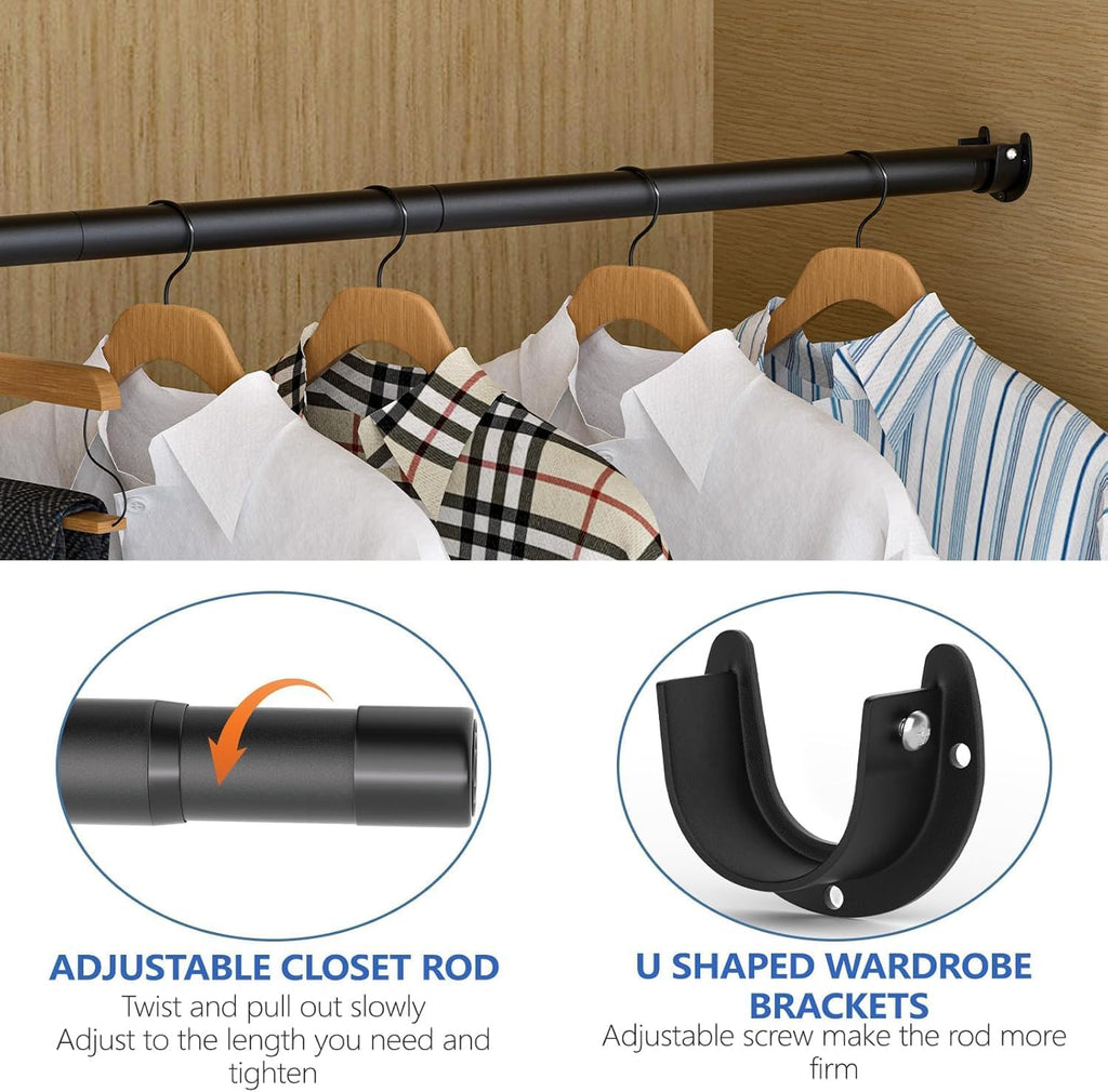 Closet Rod, 17 to 97 Inch Closet Rods for Hanging Clothes, Heavy Duty Adjustable Clothes Hanging Bar Rod Matte Black Closet Poles for Wardrobes, Closet, Bathroom, Windows, 1.3 Inch Diameter