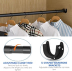 Closet Rod, 17 to 97 Inch Closet Rods for Hanging Clothes, Heavy Duty Adjustable Clothes Hanging Bar Rod Matte Black Closet Poles for Wardrobes, Closet, Bathroom, Windows, 1.3 Inch Diameter