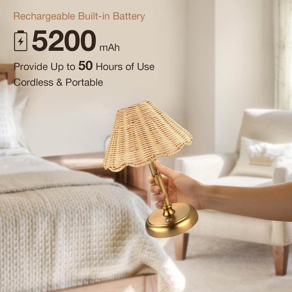 Mini Cordless Boho Rattan Table lamp, 5200-mAh Rechargeable Battery, 3-Level ...