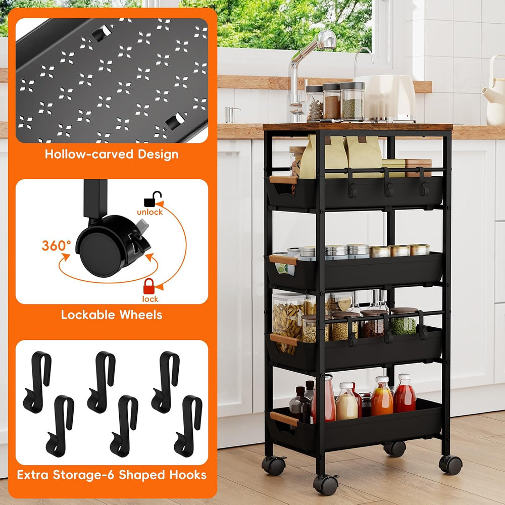 5-Tier Slim Storage Cart, Wooden Top Rolling Kitchen Cart with Pull-Out Baske...